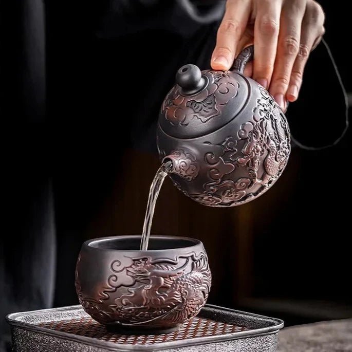 Jianshui Purple Pottery Teapot Heap Carving Xianglong Pot Kung Fu Tea Set Purple Clay Pot Deep Carving Tea Making Tea Kettle - China Tea Store