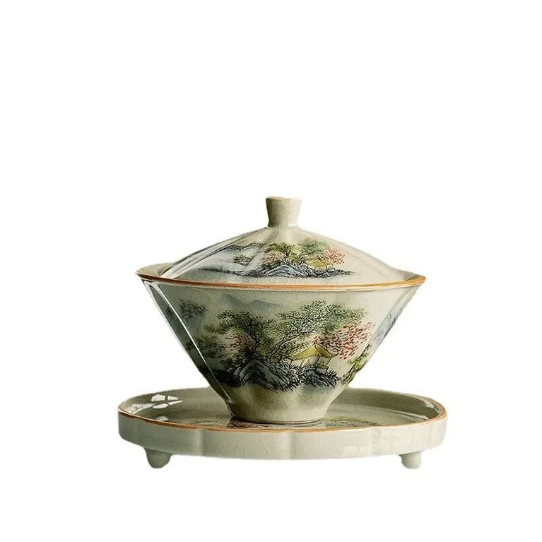 Jingdezhen - Ceramic Tea Cup with Bamboo Hat, Traditional Handmade Tea Ware, Single Bowl, Kung Fu Tea with Lid, Sancai Gaiwan - China Tea Store