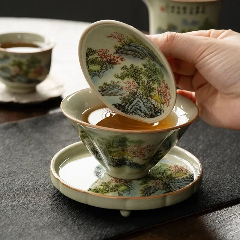 Jingdezhen - Ceramic Tea Cup with Bamboo Hat, Traditional Handmade Tea Ware, Single Bowl, Kung Fu Tea with Lid, Sancai Gaiwan - China Tea Store