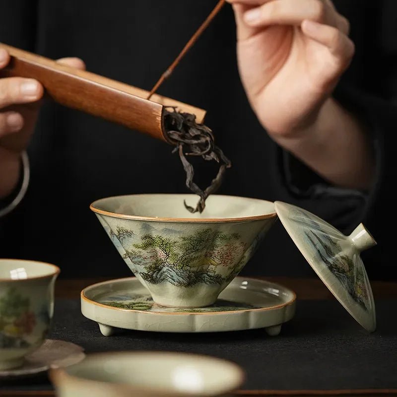 Jingdezhen - Ceramic Tea Cup with Bamboo Hat, Traditional Handmade Tea Ware, Single Bowl, Kung Fu Tea with Lid, Sancai Gaiwan - China Tea Store