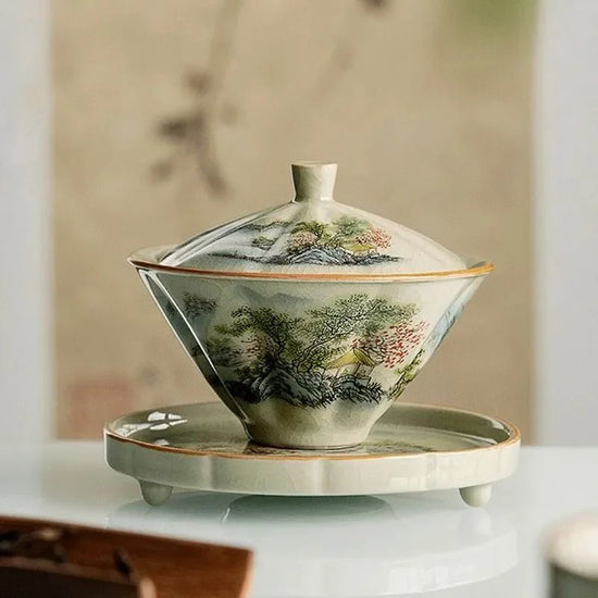 Jingdezhen - Ceramic Tea Cup with Bamboo Hat, Traditional Handmade Tea Ware, Single Bowl, Kung Fu Tea with Lid, Sancai Gaiwan - China Tea Store