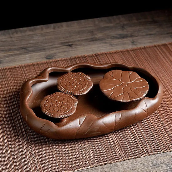 Kungfu Puer Tea Tray Rectangle Lotus Recruiting Wealth Black Tea Tray With Drainage Multifunctional Chinese Purple Sand Wooden - China Tea Store