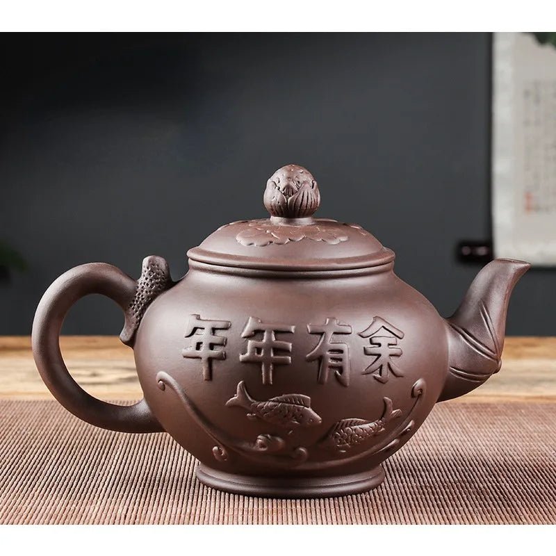 Large Capacity Yixing Purple Clay Tea Pot Hand - carved and Painted Lotus Teapot Household Tea Infuser Retro Tea Set 1000ml - China Tea Store