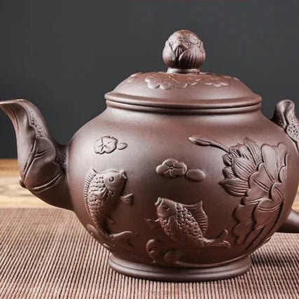 Large Capacity Yixing Purple Clay Tea Pot Hand - carved and Painted Lotus Teapot Household Tea Infuser Retro Tea Set 1000ml - China Tea Store