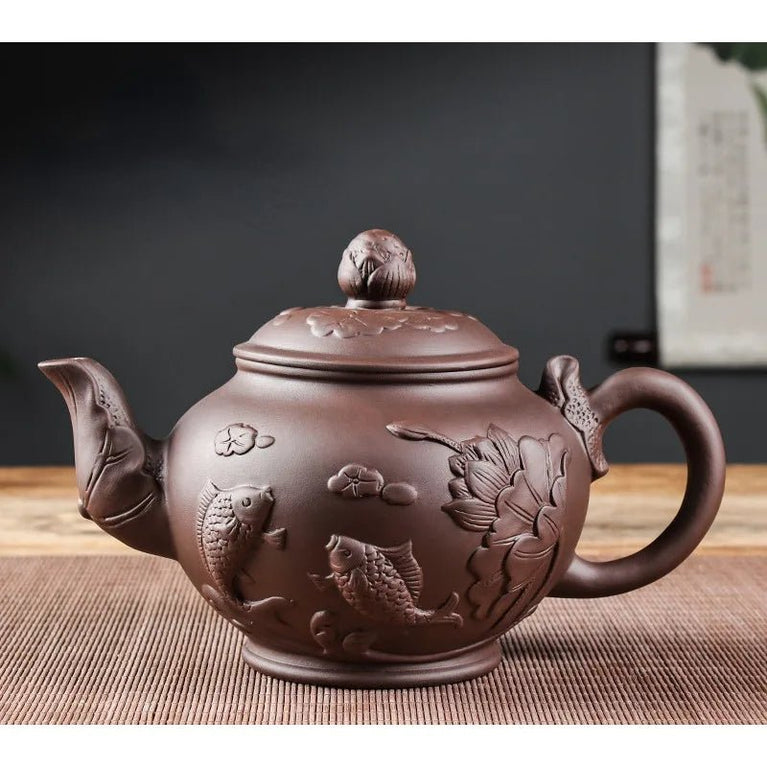 Large Capacity Yixing Purple Clay Tea Pot Hand - carved and Painted Lotus Teapot Household Tea Infuser Retro Tea Set 1000ml - China Tea Store