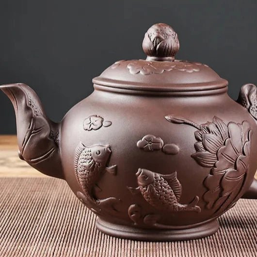 Large Capacity Yixing Purple Clay Tea Pot Hand - carved and Painted Lotus Teapot Household Tea Infuser Retro Tea Set 1000ml - China Tea Store