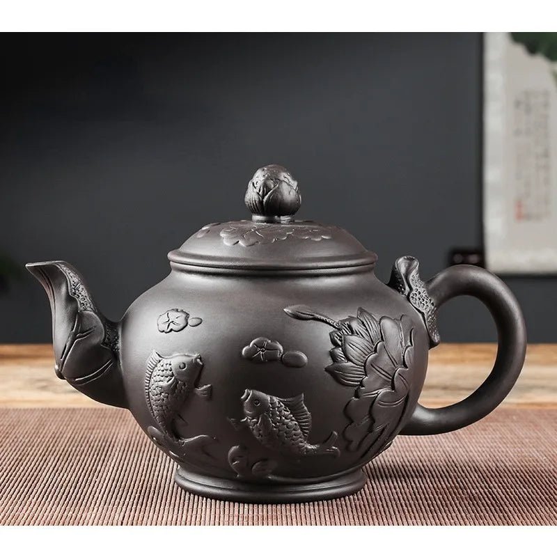 Large Capacity Yixing Purple Clay Tea Pot Hand - carved and Painted Lotus Teapot Household Tea Infuser Retro Tea Set 1000ml - China Tea Store