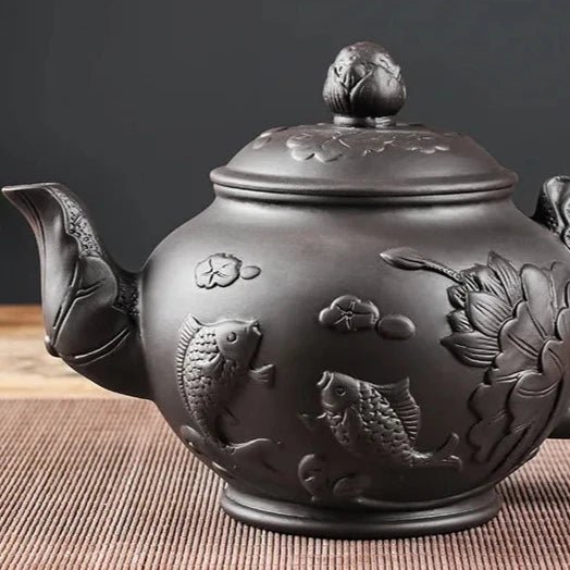 Large Capacity Yixing Purple Clay Tea Pot Hand - carved and Painted Lotus Teapot Household Tea Infuser Retro Tea Set 1000ml - China Tea Store