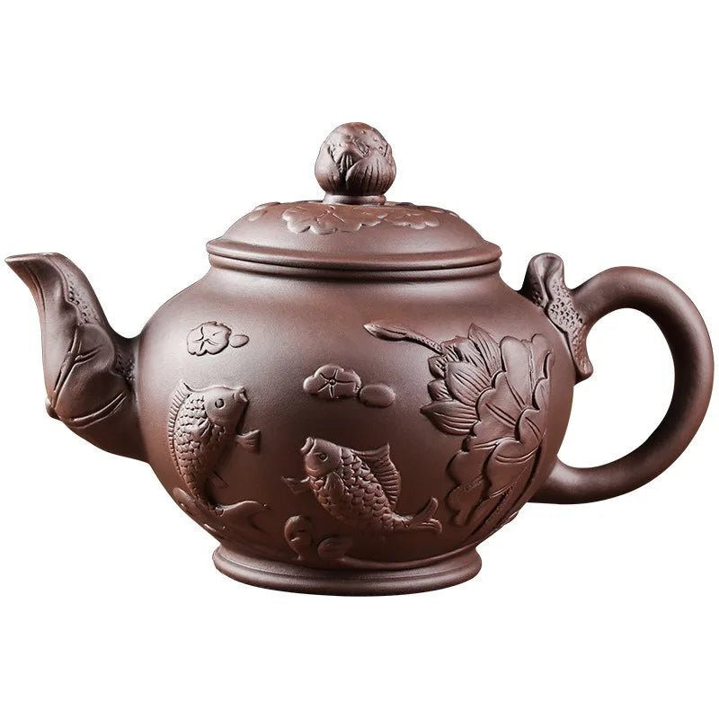 Large Capacity Yixing Purple Clay Tea Pot Hand - carved and Painted Lotus Teapot Household Tea Infuser Retro Tea Set 1000ml - China Tea Store