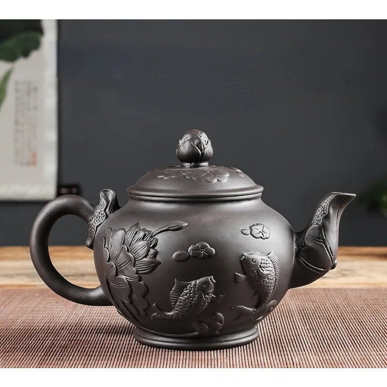 Large Capacity Yixing Purple Clay Tea Pot Hand - carved and Painted Lotus Teapot Household Tea Infuser Retro Tea Set 1000ml - China Tea Store