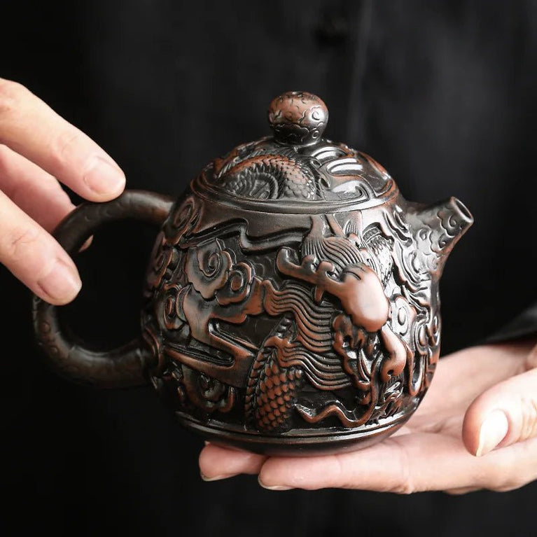 Purple pottery full of carved kung fu tea sets, can raise ceramic retro Chinese household large teapot single - China Tea Store