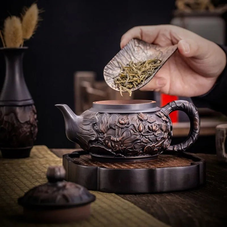 Purple Pottery Teapot Hand Carving Ceramic Drink Pot Kettle Pot Kung Fu Tea Set Pure Teapot Teapot for Tea Puer Tea - China Tea Store