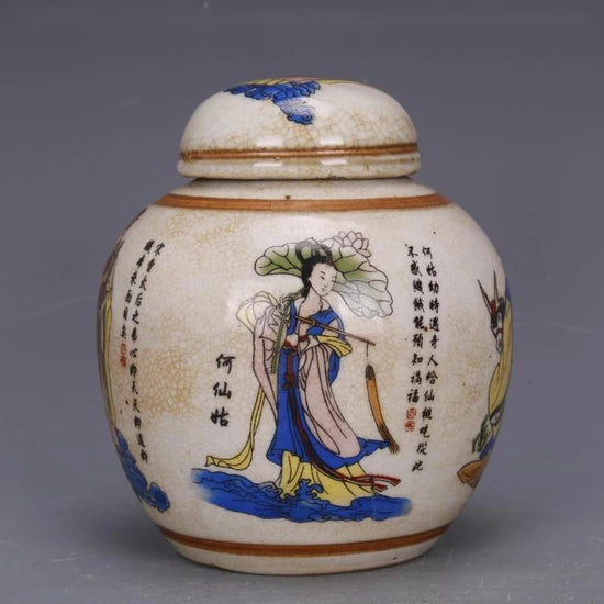 Qing Dynasty Qianlong Famille Mythology Figure Eight Immortals Figure Tea Caddy Antique Porcelain Home Chinese Ornaments - China Tea Store