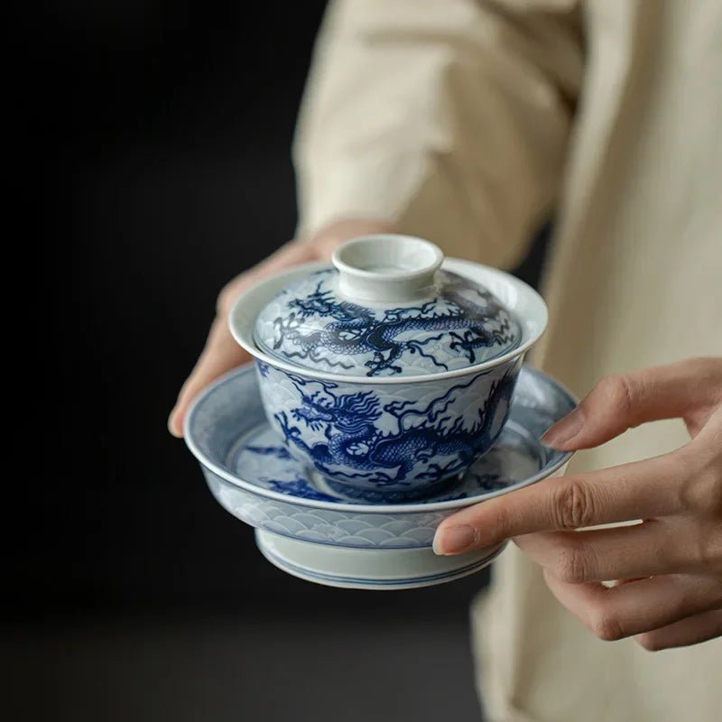 Retro Antique Blue and White Underglaze Color Dragon Gaiwan Chinese Kungfu Tea Making Bowl Tea House Household Bowl - China Tea Store