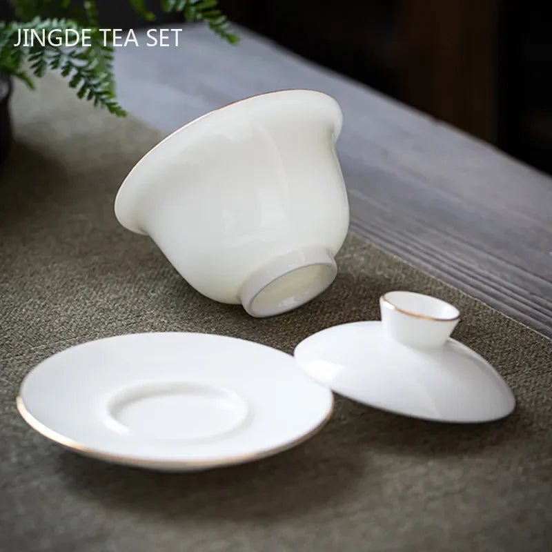 Suet Jade White Porcelain Gaiwan Teacup Handmade Ceramic Tea Tureen Home Teaware Drinkware Travel Cup Chinese Tea Ceremony - China Tea Store