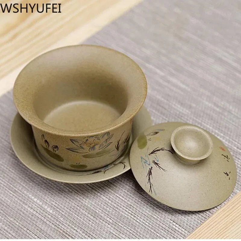 WSHYUFEI Jingdezhen ceramic Gaiwan bowl Chinese style Stoneware retro tea set Handmade Bubble tea bowl Travel Tea cup 150ml - China Tea Store