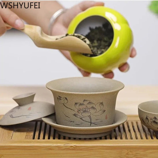 WSHYUFEI Jingdezhen ceramic Gaiwan bowl Chinese style Stoneware retro tea set Handmade Bubble tea bowl Travel Tea cup 150ml - China Tea Store