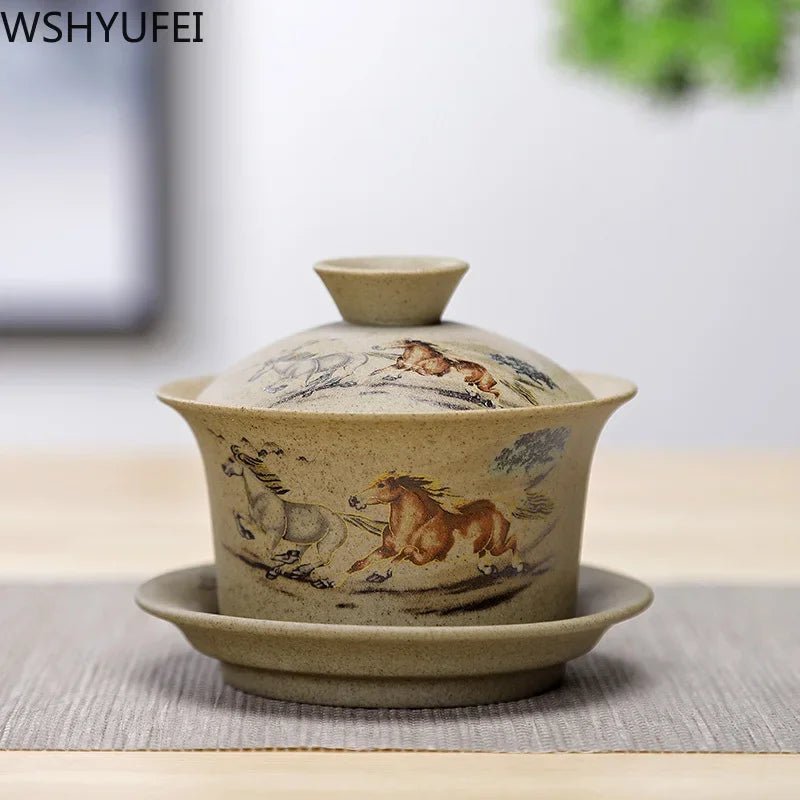 WSHYUFEI Jingdezhen ceramic Gaiwan bowl Chinese style Stoneware retro tea set Handmade Bubble tea bowl Travel Tea cup 150ml - China Tea Store