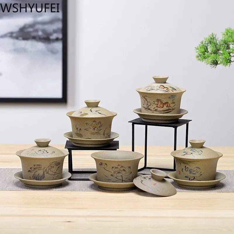 WSHYUFEI Jingdezhen ceramic Gaiwan bowl Chinese style Stoneware retro tea set Handmade Bubble tea bowl Travel Tea cup 150ml - China Tea Store